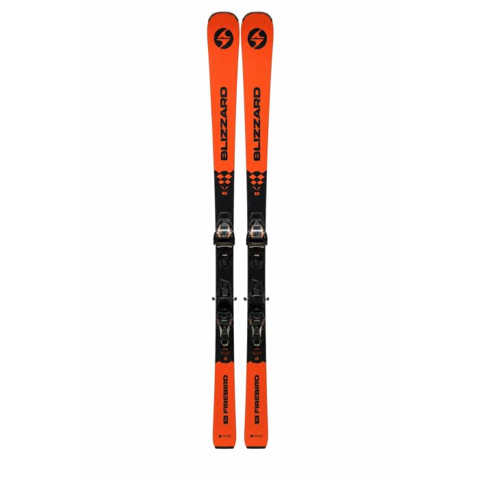 Blizzard Firebird Ti carving ski paar vooraanzicht volledig, oranje-zwart design met TPC 10 bindingen, BLIZZARD en FIREBIRD opschrift duidelijk zichtbaar
