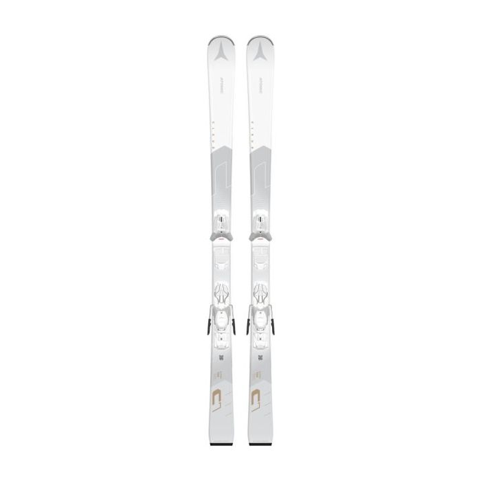 Atomic Cloud C7 White skis, a beautiful white design with bindings attached.