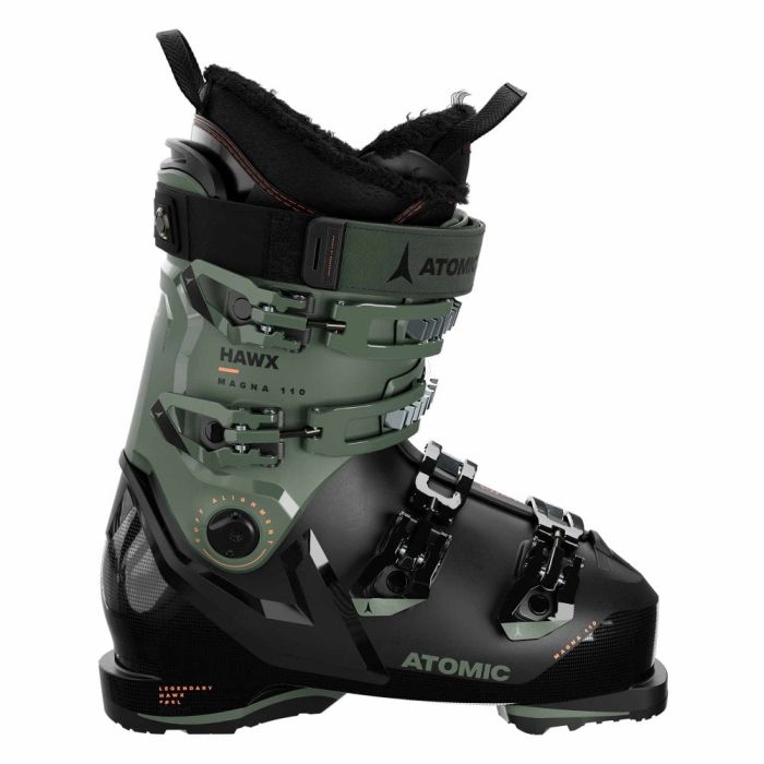 Atomic Hawx Magna 110 GW- Wide Fit ski boot, side view showing green and grey colours.