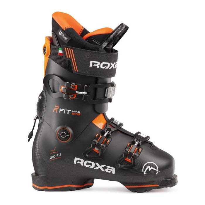 Roxa R/Fit Hike 90 RTL ski boot, side view showing orange and grey design.
