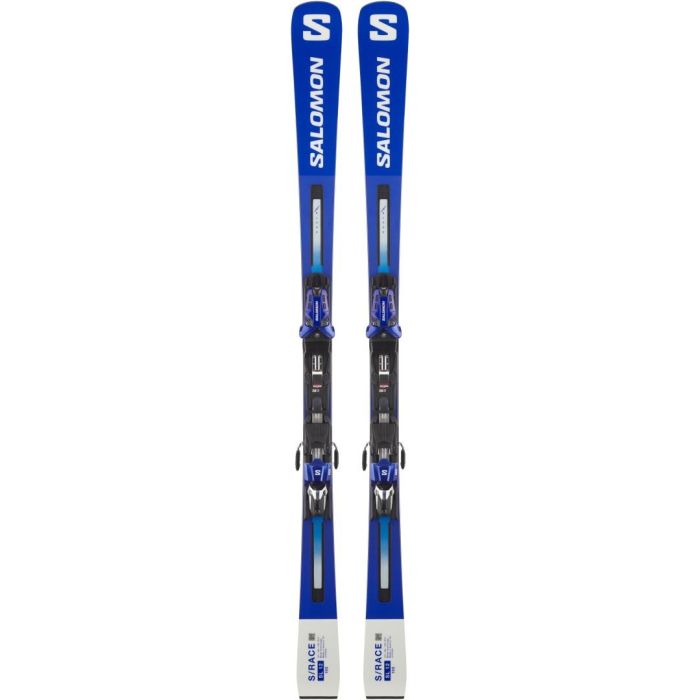 Salomon S-Race SL 12 skis with bindings, a vibrant blue and white design.