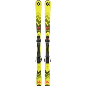 Völkl Racetiger SC Limited showing yellow topsheet and binding close-up