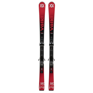 Völkl Racetiger SRC 2025 pair in red, side view with mounted bindings and top-sheet detail